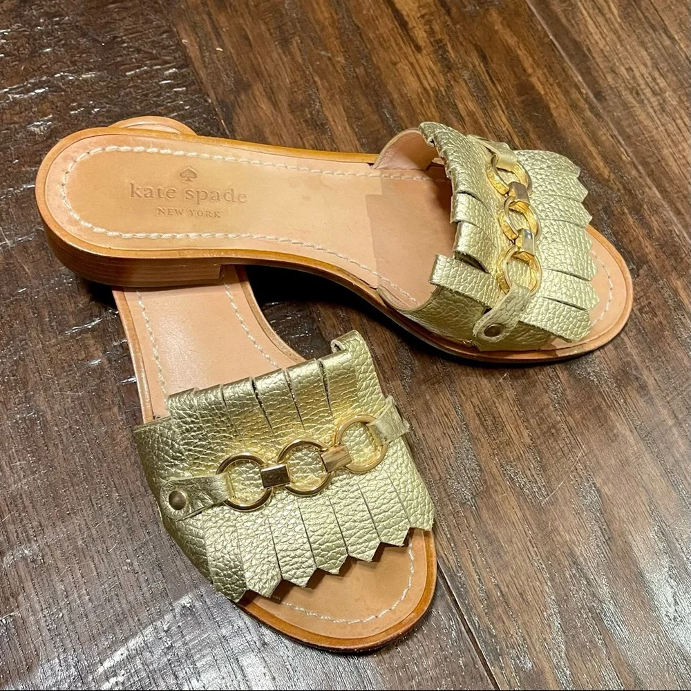 kate spade gold leather fringe slide sandals